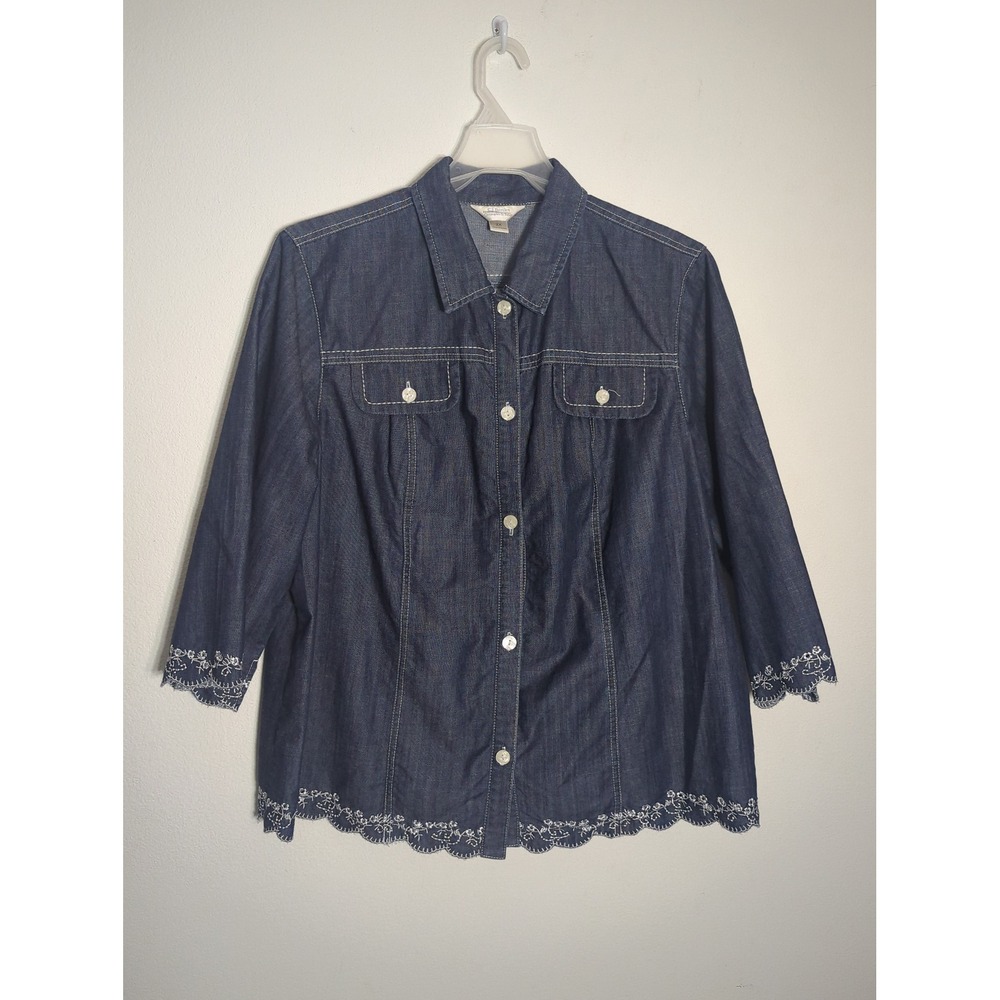 CJ Banks Womens Denim Button Down Shirt 2X Embroidered Scallop Hem 3/4 Sleeve